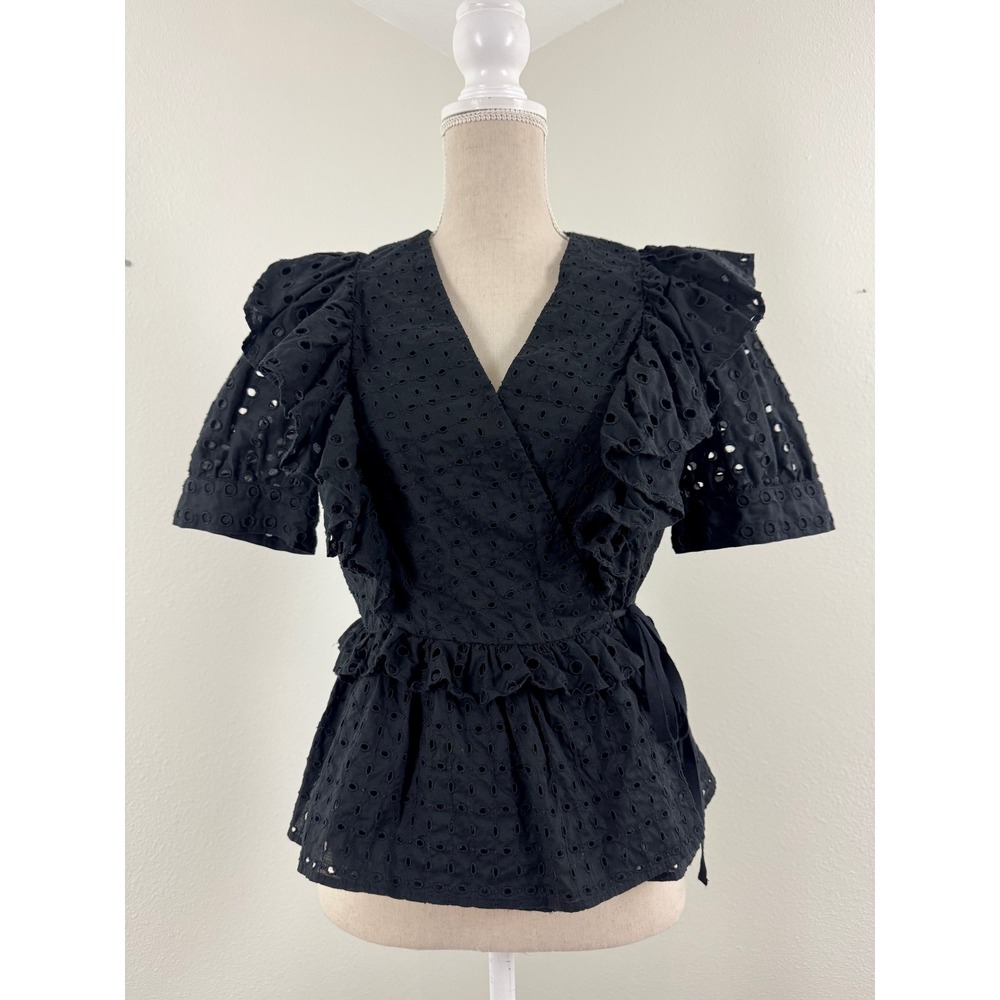 J.Crew Re-Imagined Black Eyelet Wrap Top Black Eyelet Peplum Coquette Whimsigoth